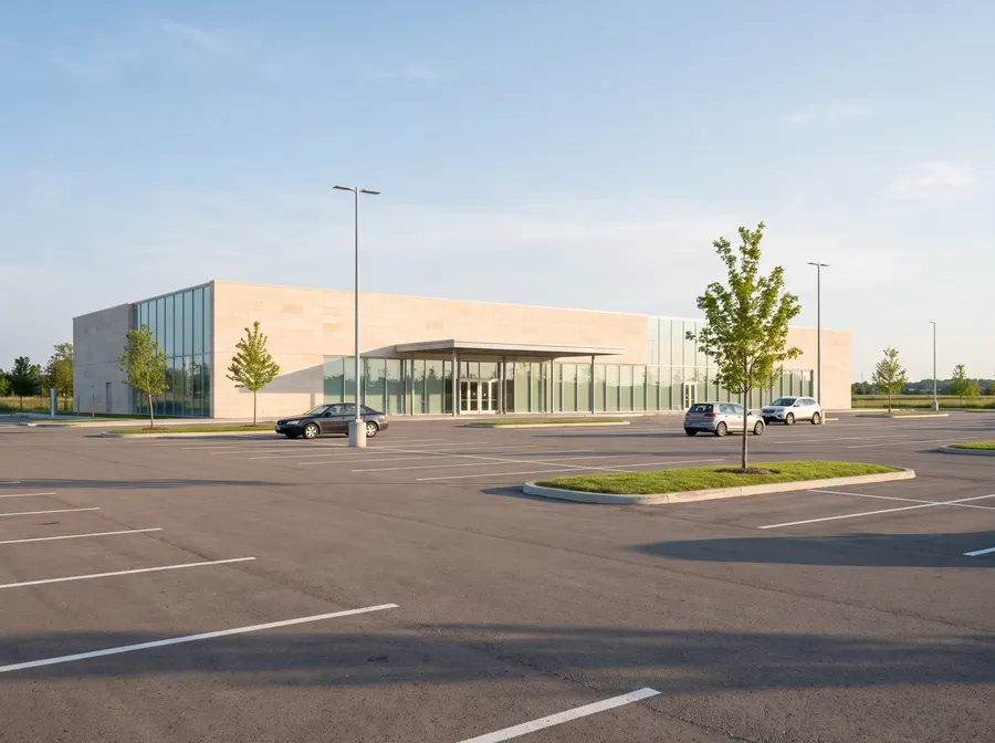 Generated scene: a large, nearly empty parking lot in front of a low modern building without lettering, in late-afternoon sun; not a photograph of the casino.
